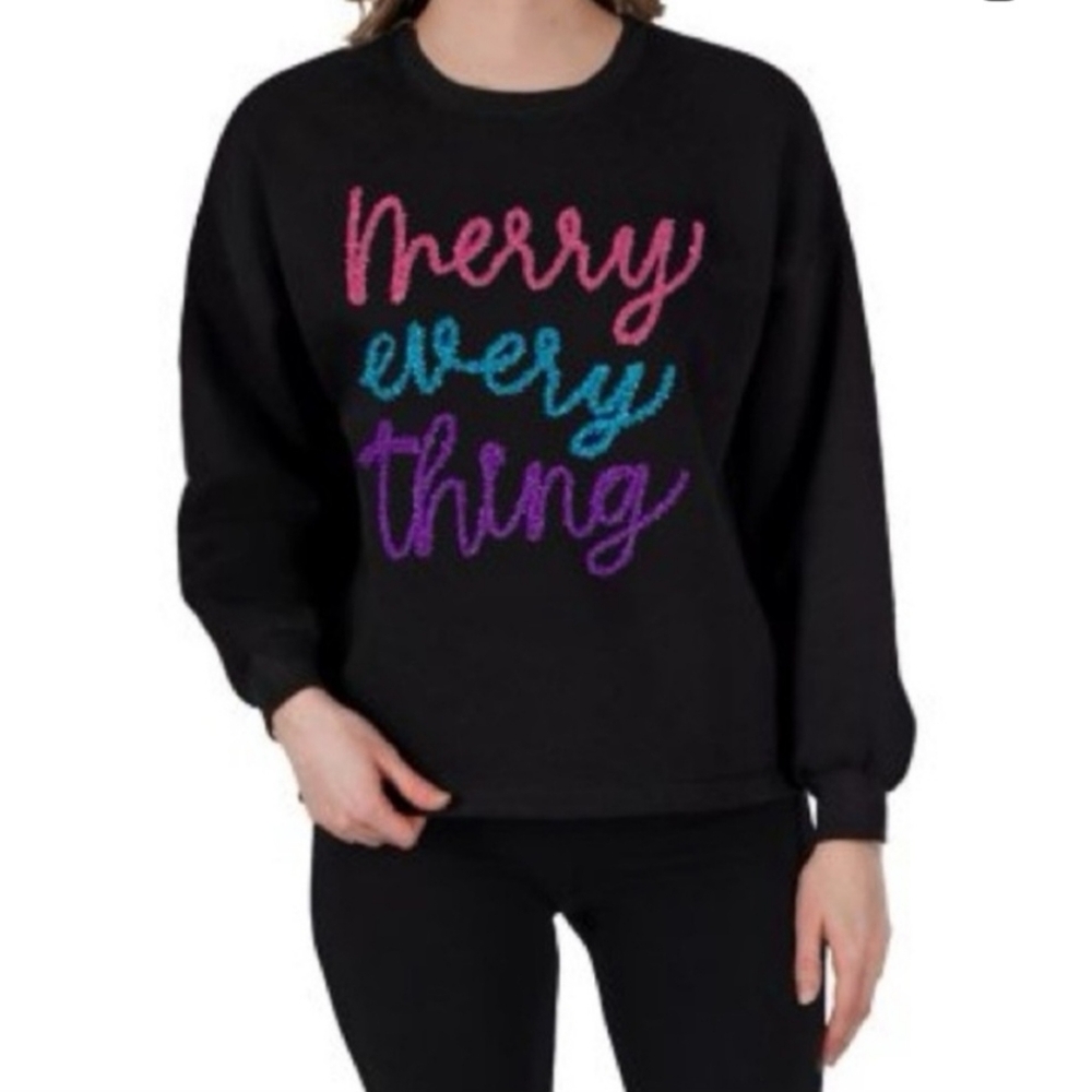 Merry Everything Holiday Black Sparkle Sweatshirt NWT Size Medium